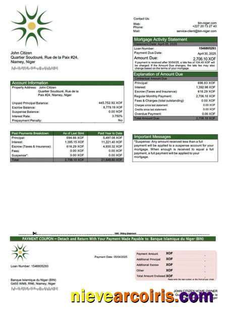 Niger Banque Islamique du Niger (BIN) mortgage statement Word and PDF template